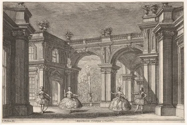 Two Ladies and Two Gentlemen Dancing within an Ornate Architectural Setting, a Fountain at...