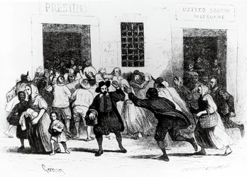 The looting of Bakery of crutches, episode from Betrothed, by Alessandro Manzoni, illustration by Francesco Gonin