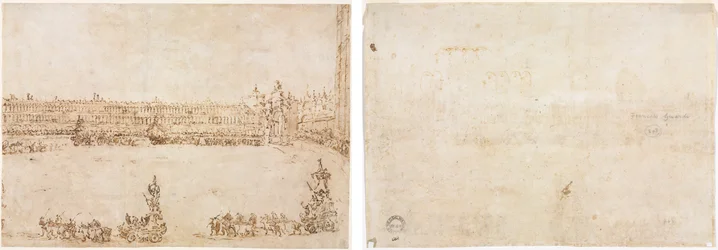 A Procession of Triumphal Cars in the Piazza San Marco, Venice, Celebrating the Visit of the Conti del Nord (recto) Three Sketches of Arches (verso)