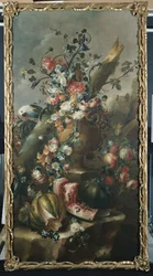 Flowers in a Sculpted Urn, with Melons and Parrot