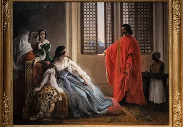 Giorgio Cornaro, sent to Cyprus by the Republic of Venice, informs Queen Caterina Cornaro, one of his relatives, that she is no longer owner of her reign as the Lion standard is waving on the isle fortress