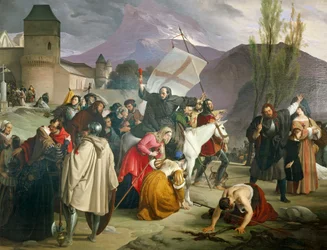 Peter Hermit riding white mule with crucifix in his hand and circulating through cities and villages preaching Crusade