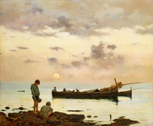 Marina with Fishing Boat and Boys, by Francesco Lojacono