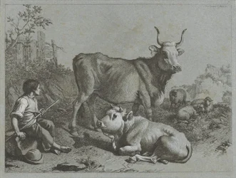 Shepherd Boy with Two Oxen and Three Sheep (series title: Shepherd Scenes)