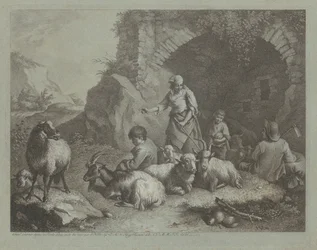 Woman, Shepherd Boys, and Sheep near an Arch