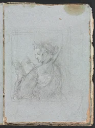 Verona Sketchbook: Female figure with open book, page 63, 1760