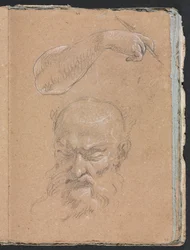 Verona Sketchbook: Head of a bearded man and right arm and hand (page 59)