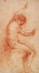 Seated male in profile to the right looking down holding a drapery in his left hand, pointing upwards with his right