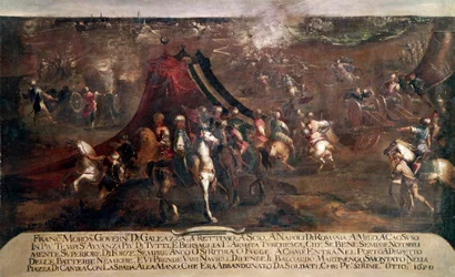 War of Candia (Crete): battle between the Venetian fleet of Francesco Morosini (1619-1694) and the Turkish fleet fleeing in 1650. Painting by Francesco Monti