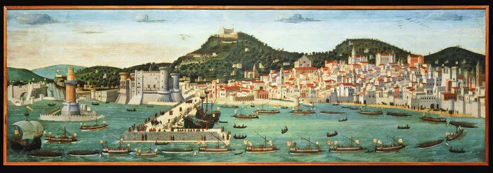Tavola Strozzi depicting the Naples waterfront and the return of the Aragonese fleet from the battle of Ischia