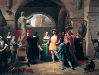 King Francis I of France (1494-1547) visits the workshop of Benvenuto Cellini (1500-1571) in Rome. The painter presents the king with a sculpture of Saint John the Evangelist