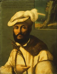 Portrait of a Bearded Gentleman, Half Length, in a Fur-Trimmed White Jacket and a Plumed Hat and Holding a Palm Frond, a Landscape Seen Through a Casement Beyond