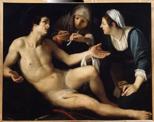 Saint Sebastian. He is treated for his wounds by a young widow, Saint Irene. Painting by Francesco Rustici (c.1575-1626)