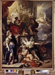 Allegory of the reign. The medallion in the center represents the face of Queen Catherine II of Russia (1729-1796). Painting by Francesco Solimena (1657-1747)