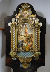 Large Holy Water Font in Painted Majolica with Central Scene from Painting Adoration of the Magi by Francesco Solimena