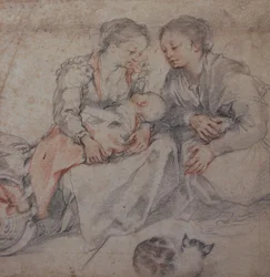 Two Women and a Baby with a Cat