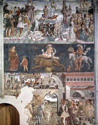 April. Top: the Triumph of Venus with the Three Graces and couples kissing. Middle: representation of the zodiacal sign of the bull. Below: Borso d