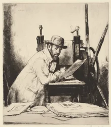 Portrait of Muirhead Bone Leaning on an Etching Press