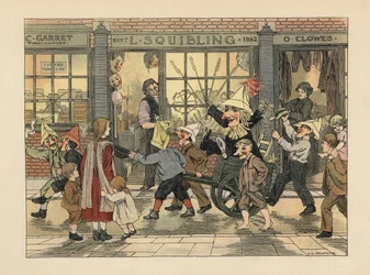 Fireworks Store - Victorian Children Pulling a Guy in a Cart on Guy Fawkes Night in Front of L. Squibling