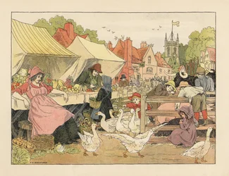 Victorian Children Buying Vegetables, Chasing Geese and Poking Pigs at a Village Market