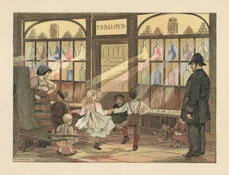 Victorian children dancing in front of a chemist