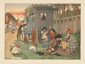 Victorian Travelling Basket-makers with Their Wares on the Roof of Their Caravan