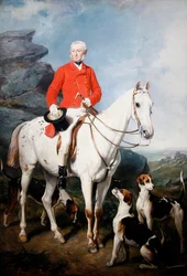 Portrait of Charles Trelawny, Esq., Master of the Dartmoor Hunt, on his favourite hunter Grimaldi, with the hounds Conqueror, Lounger and Windermere