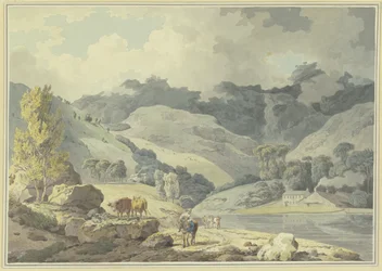 Mountain landscape, a girl on horseback on the path, two cows on the left