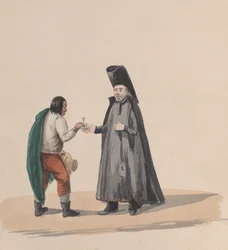 A Canon Handing a Crucifix to a Man, from a Group of Drawings Depicting Peruvian Costume