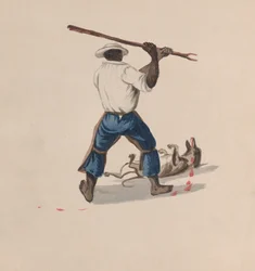A man viewed from behind beating a dog with a stick, ca. 1848