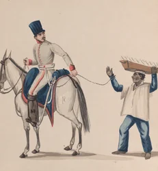 A Soldier on Horseback Holding a Rope that Secures an Indigenous Slave Balancing a Plate