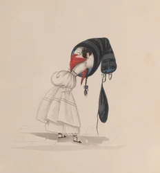 A woman putting on her saya, viewed from behind