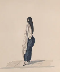 A woman wearing the saya standing in profile, from a group of drawings depicting Peruvian...