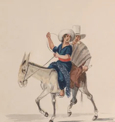 An Indian man and woman riding a donkey, from a group of drawings depicting Peruvian...