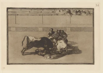 A Picador is Unhorsed and Falls Under the Bull, Plate 26 from La tauromaquia