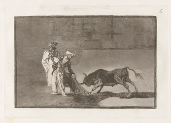 The Moors perform another capeo in the ring, calling the bull with their burnous, Plate 6 from La tauromaquia