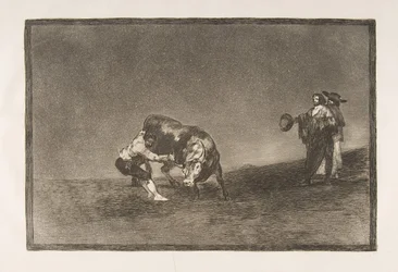 Plate 16 of the Tauromaquia: The same man throws a bull in the ring at Madrid