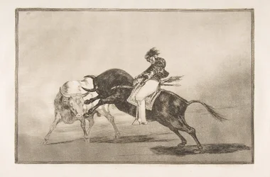 Plate 24 of the Tauromaquia: The same Ceballos mounted on another bull breaks short spear, 1816