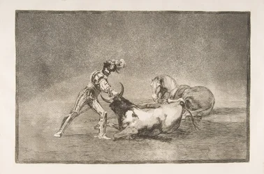 Plate 9 of the Tauromaquia: A Spanish knight kills the bull after having lost his horse, 1816