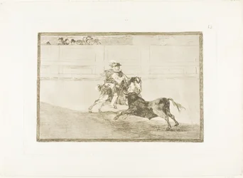 A Spanish mounted knight in the ring breaking short spears without the help of assistants, plate 13 from The Art of Bullfighting