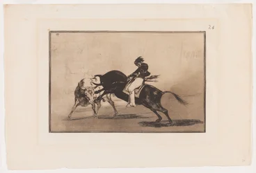 Plate 24 from La Tauromaquia: The Same Ceballos Mounted on Another Bull Breaks Short Spears in the Ring at Madrid