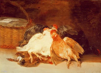 Still Life with dead chickens and a wicker basket