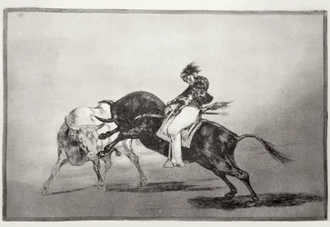 The same Mariano Ceballos, mounted on a bull, breaks short spears in the ring at Madrid, plate 24 of 