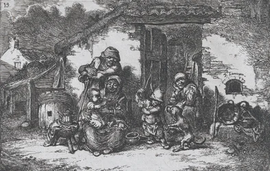 Plate 19: a family and a boy playing with a dog outside a house, from the series of customs, 1850