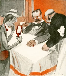 An English couple struggling with the menu in a French restaurant, 1903