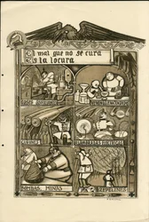 Illustration by Francisco Sancha Lengo - Flying leaf, circa 1915 - El mal que no se cura es la locura - War of 14-18, Germany Prussia, Asphixiant gas, Spanish language, Foreign press