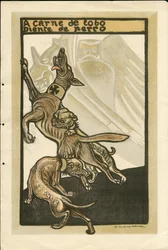 Illustration of Francisco Sancha Lengo - Flying leaf, circa 1915 - A carne de lobo diente de perro - War of 14-18, Germany Prussia, England Great Britain, Belligerents and symbols, France, Spanish Language, Foreign Press - William II, Dog, Hid