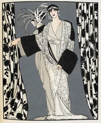 Blanc et noir. A woman wearing a costume designed in 1855 by John Redfern, illustration from 
