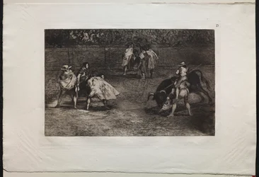 Bullfights: A Bullfighter Mounted on the Shoulders of an Assistant, Spearing a Bull