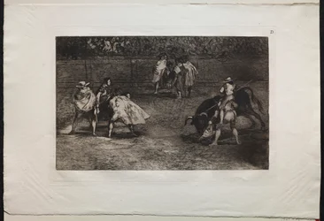 Bullfights: A Bullfighter Mounted on the Shoulders of an Assistant, Spearing a Bull, 1876